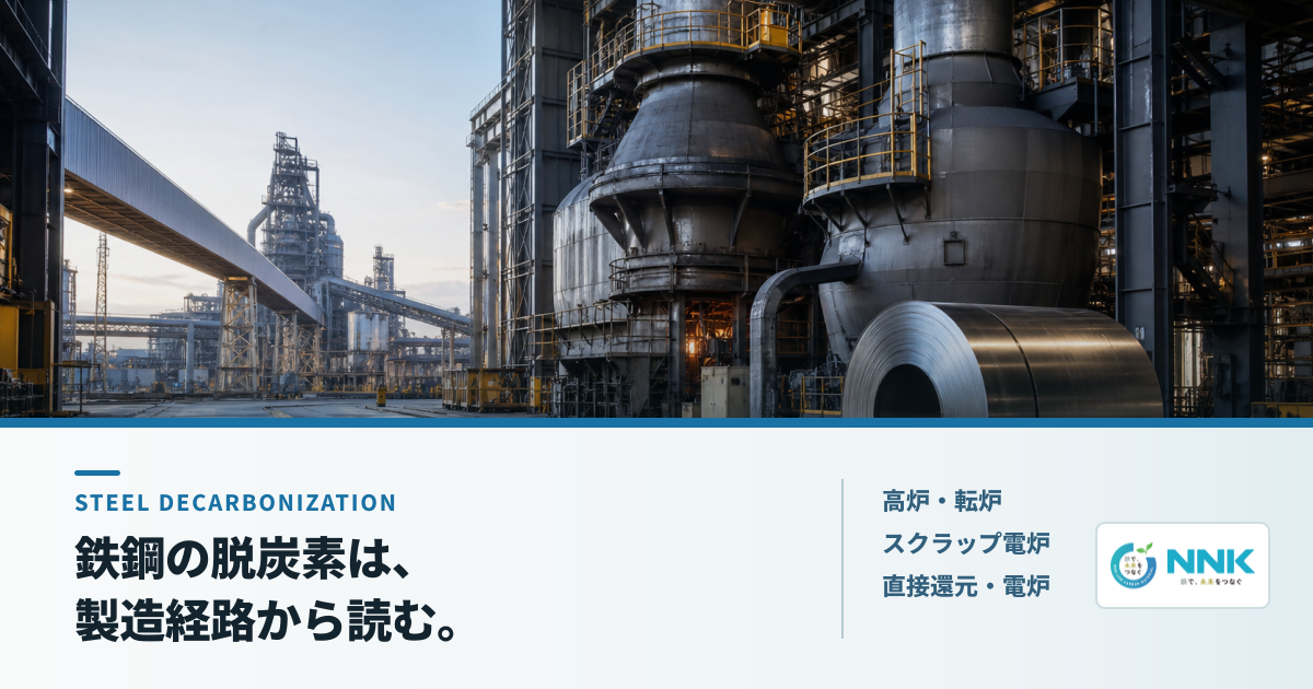 製鉄所と鋼材コイルの写真に「鉄鋼の脱炭素は、製造経路から読む。」のコピーを配したメインビジュアル