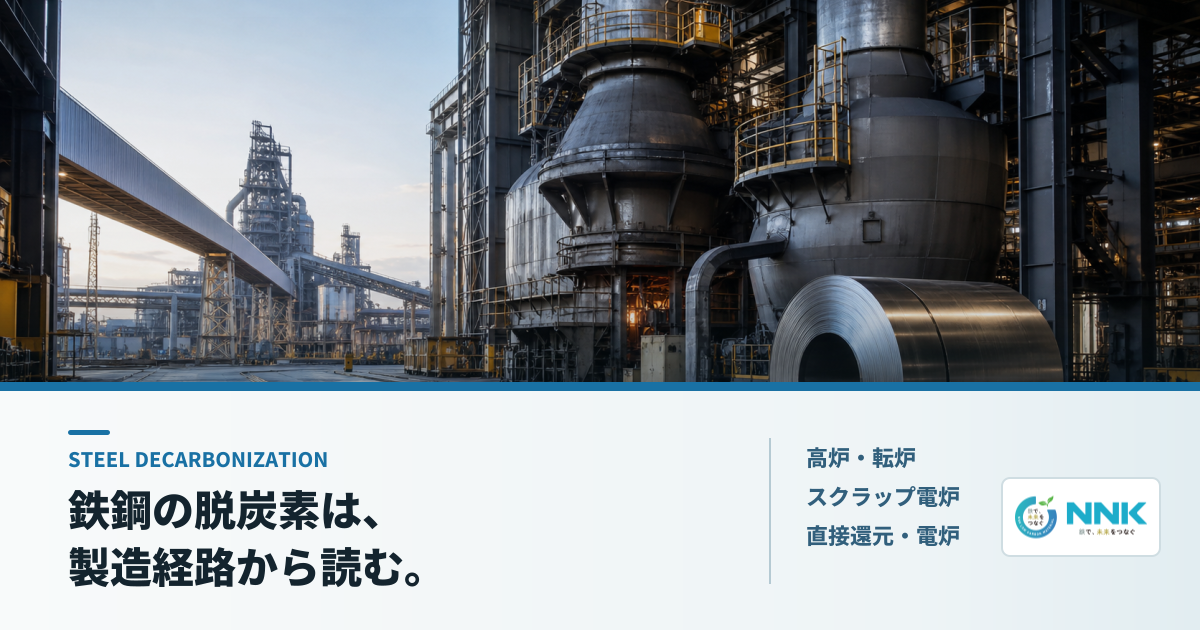 製鉄所と鋼材コイルの写真に「鉄鋼の脱炭素は、製造経路から読む。」のコピーを配したメインビジュアル