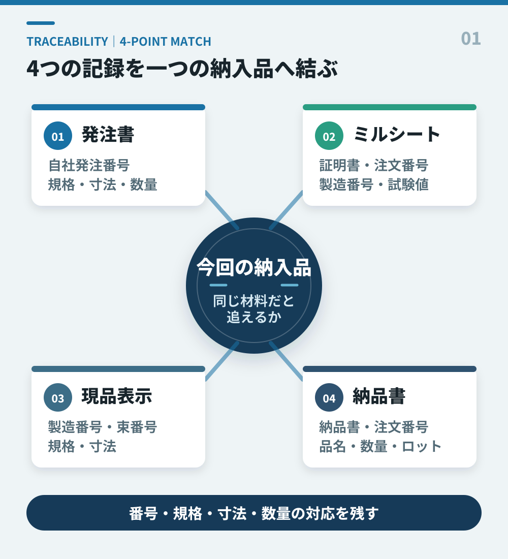 発注書、ミルシート、現品表示、納品書を注文番号と製造番号で結ぶ4点照合図