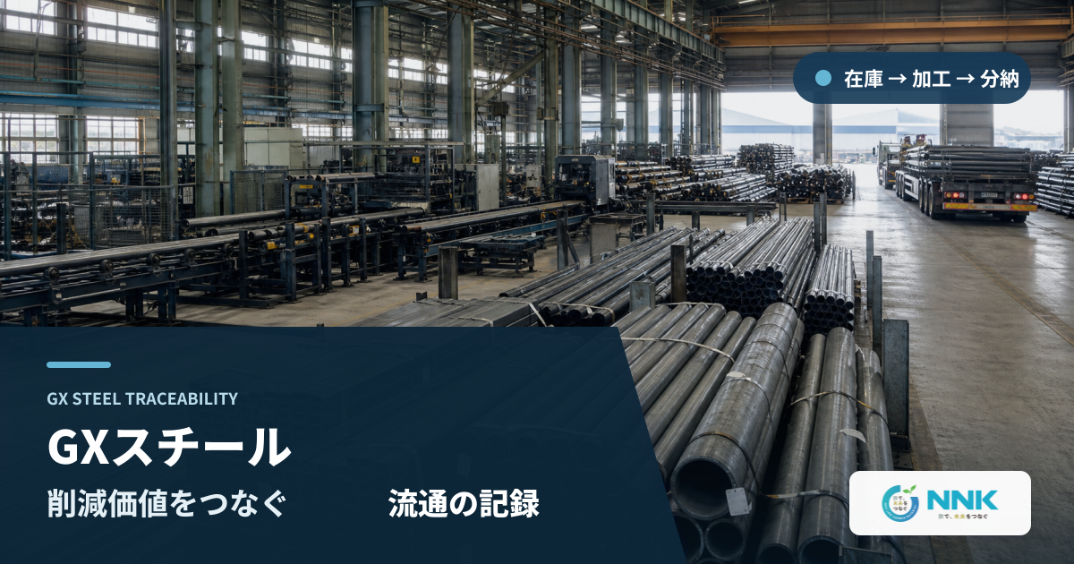 鋼材倉庫から加工・出荷までの実写を背景にGXスチールの削減価値をつなぐ流通記録と示すメインビジュアル